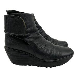 Fly London Yebi Black Leather Wedge Booties FLAW